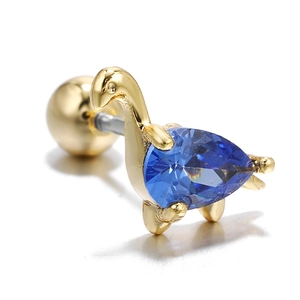 Golden dinosaur stud earring with blue pear-cut zircon and secure ball screw back