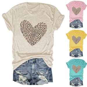 Detail of leopard print heart graphic on casual short sleeve crew neck summer t-shirt