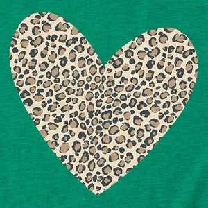 Close-up of leopard print heart graphic on green cotton knit fabric t-shirt detail