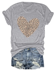Gray t-shirt featuring leopard print heart and blue distressed denim shorts set