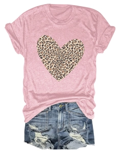 Pink short sleeve T-shirt with leopard heart print and distressed denim shorts detail