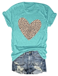 Close-up of casual teal women's short sleeve T-shirt with leopard print heart pattern