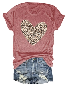 Detail shot of brick red T-shirt showing leopard print heart and marled fabric texture