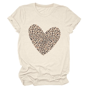 Detail of leopard print heart design on a casual beige short sleeve t-shirt for women