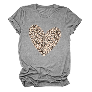 Flat lay of a grey crew neck T-shirt with a detailed leopard print heart graphic
