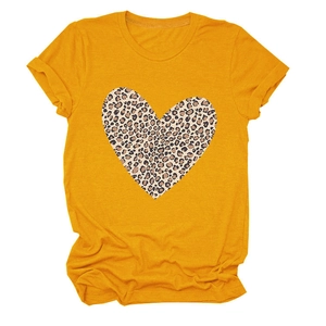 Detail of soft yellow cotton t-shirt featuring a leopard print heart on the chest