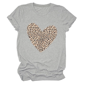 Detail of grey cotton T-shirt featuring a large leopard print heart and rolled sleeves