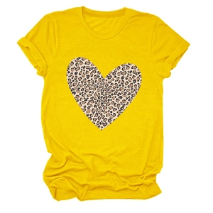 Detailed view of leopard print heart graphic on bright yellow short sleeve t-shirt