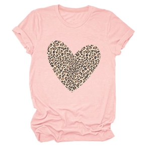 Close-up of pink round-neck T-shirt with leopard print heart and rolled sleeve detail