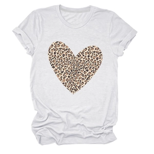 Close-up of leopard heart print and rolled cuff detail on white cotton T-shirt