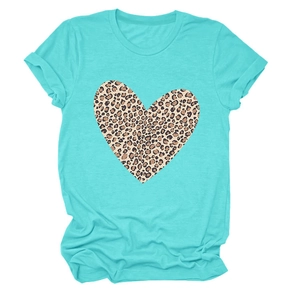 Detail of leopard print heart graphic on turquoise short sleeve T-shirt with crew neck