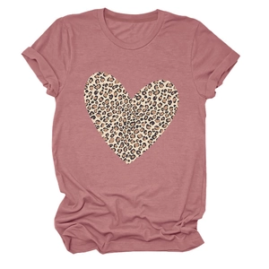 Close-up of leopard print heart graphic on women's mauve pink round neck t-shirt