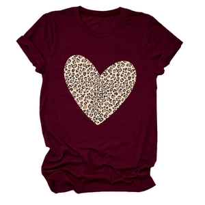 Detailed flat lay of burgundy crew neck T-shirt featuring a large leopard print heart