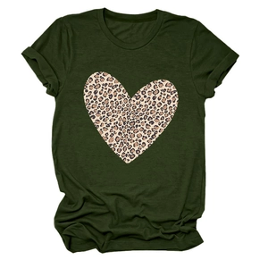 Detail of dark green t-shirt showing large leopard print heart on cotton blend fabric