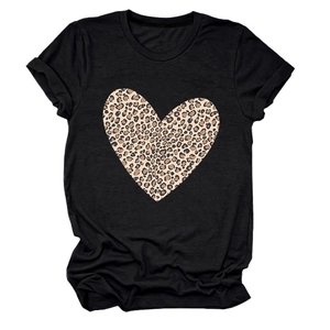 Detail of a leopard print heart pattern on a black women's cotton t-shirt with crew neck