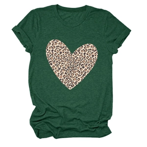 Close-up of leopard print heart graphic on soft dark green textured short sleeve t-shirt
