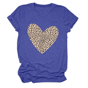 Close-up of leopard print heart graphic on a purple short-sleeved cotton T-shirt