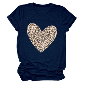 Close-up of leopard print heart graphic on navy blue short sleeve cotton t-shirt