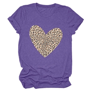 Detail shot of leopard print heart graphic on a purple short sleeve crewneck t-shirt