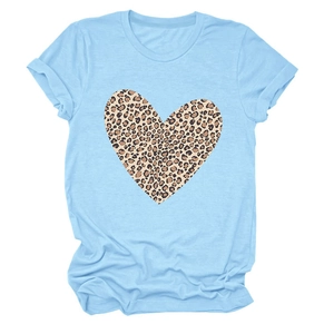 Light blue women's crewneck T-shirt featuring a large stylish leopard print heart pattern