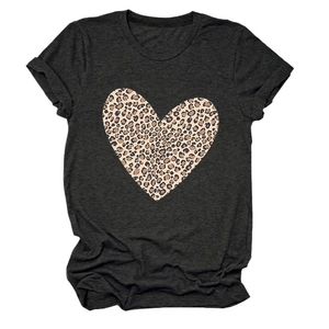 Detail of a charcoal grey round neck T-shirt with a large leopard print heart on the front