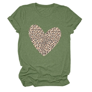 Detail of army green crewneck T-shirt featuring a large leopard print heart graphic