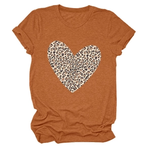 Detailed view of caramel orange round neck T-shirt with leopard print heart graphic