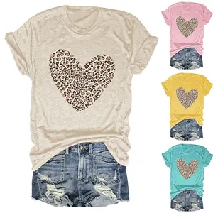 Women Casual Cotton Blend Leopard Heart Print T-Shirt Round Neck Short Sleeve Summer Loose Fit Commuter Style Top