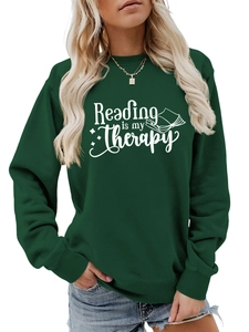 Detail of Forest Green sweatshirt with Reading is my Therapy print and ribbed cuffs