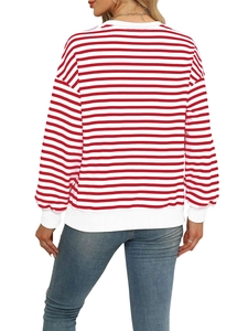 Back view of a red and white striped long sleeve sweatshirt with dropped shoulders
