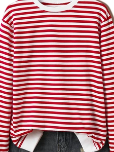 Detail of red and white striped sweatshirt with white ribbed neckline and cuffs