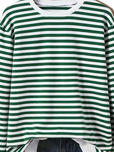 Close-up of the green and white striped long sleeve shirt with ribbed crew neck detail