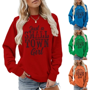 Detail of multi-color long sleeve sweatshirts featuring Just a Small Town Girl print