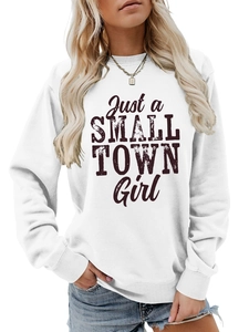 Detail of Just a Small Town Girl vintage print on white crewneck long sleeve sweatshirt
