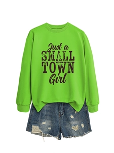 Neon green sweatshirt with Just a Small Town Girl text and distressed denim shorts