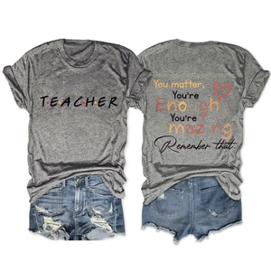 Detail view of Dear Students Behind Me print on a gray cotton blend short sleeve t-shirt