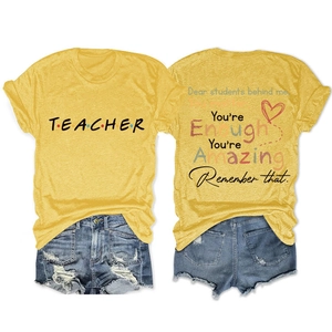Front and back view of yellow teacher t-shirt with inspirational message and denim shorts