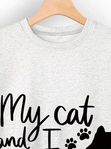 Detail of grey crewneck sweatshirt with My Cat and I pet graphic on wooden hanger