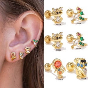 Stainless Steel Post Cartilage Stud Earrings Cartoon Animal Astronaut Dog Raccoon Bird Zirconia Inlaid Screw Back Earrings