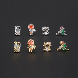 Surgical steel piercing studs with colorful cubic zirconia in animal and human shapes