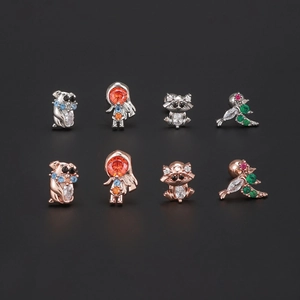 Zircon animal and figure stud earrings set in silver and rose gold stainless steel