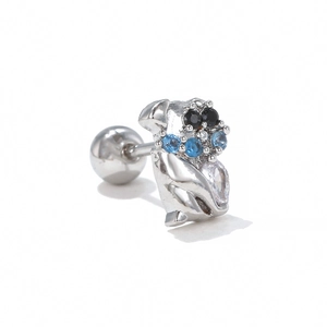 Detail of dog-shaped ear stud with pear-cut zircon and screw-back closure