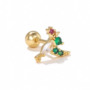 Macro detail of bird-shaped stainless steel ear stud with colorful zircon stones