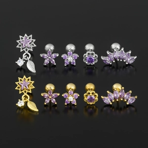 Paarse bloem oorbellen set met ster hangers in goud en zilver met zirkonia steentjes