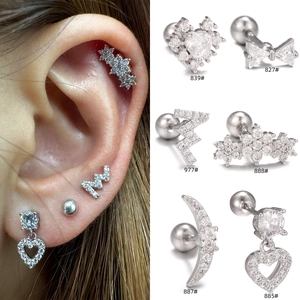 Copper Cubic Zirconia Piercing Earrings Heart Butterfly Moon Flower Cartilage Studs Fashion Minimalist Jewelry Women