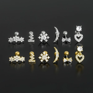 12pcs set of gold and silver heart and lightning stud earrings with cubic zirconia inlay