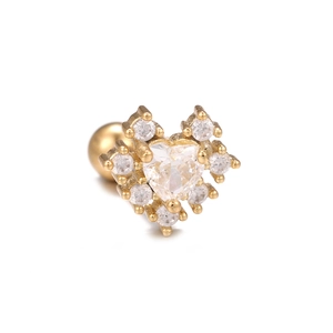 Macro shot of gold heart cartilage earring with micro-paved zircons and screw ball back