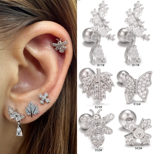 Copper Zirconia Leaf Butterfly Bee Ear Studs For Women Screw Back Cartilage Piercing Jewelry Trendy