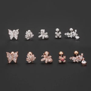 Zircon leaf and butterfly stud earring set in silver and rose gold finishes