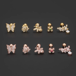 Golden and rose gold zircon stud earrings set with butterfly and leaf designs